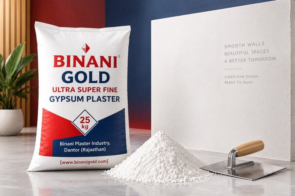 Binani Gold Gypsum Plaster with white powder and trowel showing a smooth, paint-ready wall finish